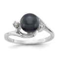 14k White Gold 7mm Black Freshwater Cultured Pearl and AAA Diamond Ring, 0.024 ct, Size 6