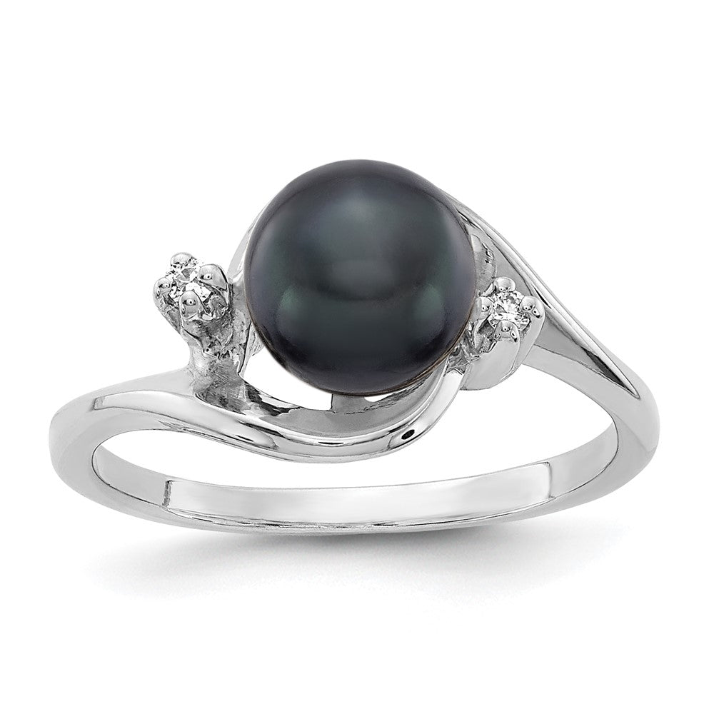14k White Gold 7mm Black Freshwater Cultured Pearl and A Diamond Ring, 0.024 ct, Size 6