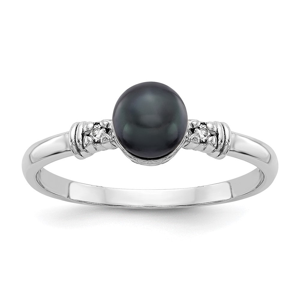 14k White Gold 5mm Black Freshwater Cultured Pearl and A Diamond Ring, 0.016 ct, Size 6