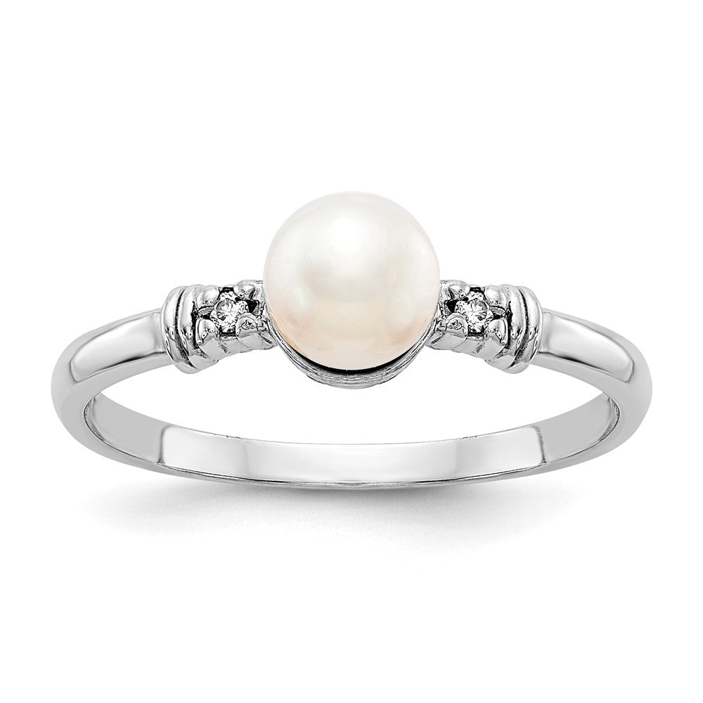 14k White Gold 5mm White Freshwater Cultured Pearl and VS Diamond Ring, 0.016 ct, Size 6