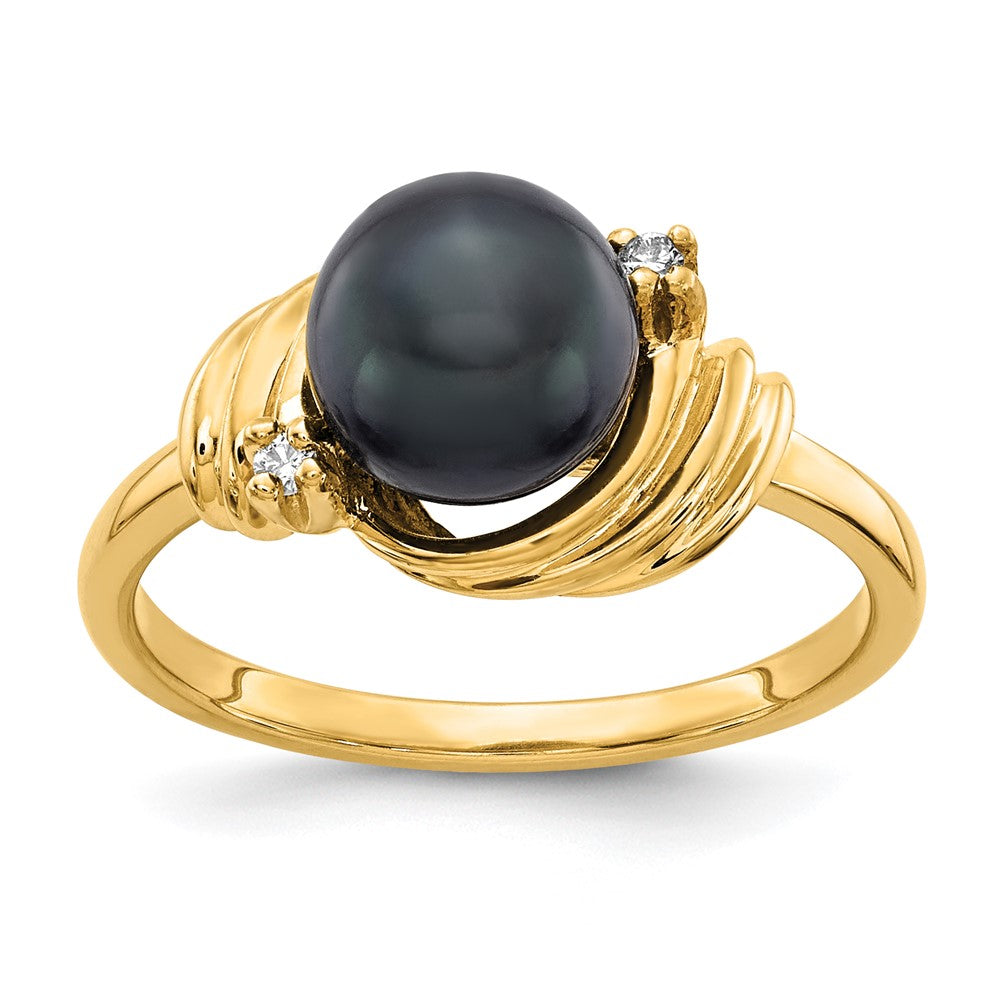 14k 7mm Black Freshwater Cultured Pearl and VS Diamond Ring, 0.024 ct, Size 6