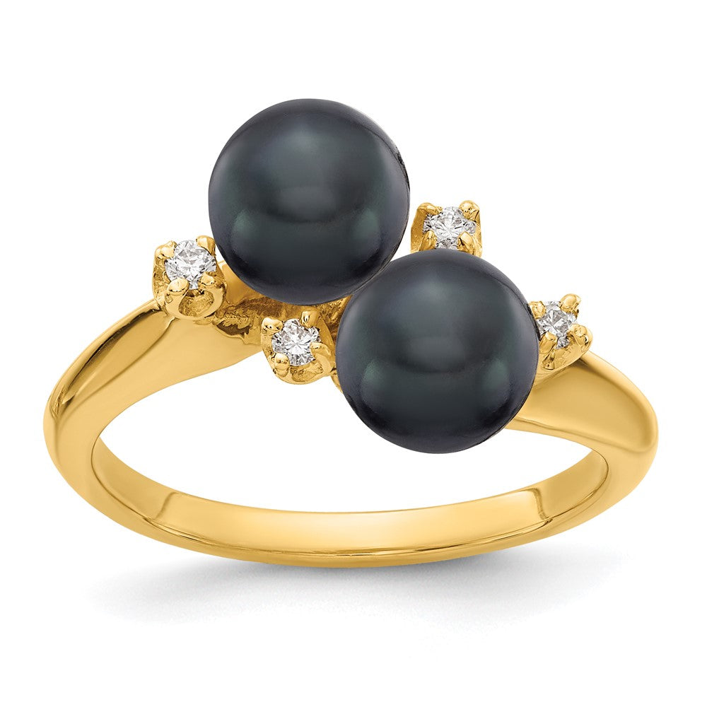 14k 6mm Black Freshwater Cultured Two-Pearl and 1/20 carat AA Diamond Ring, 0.06 ct