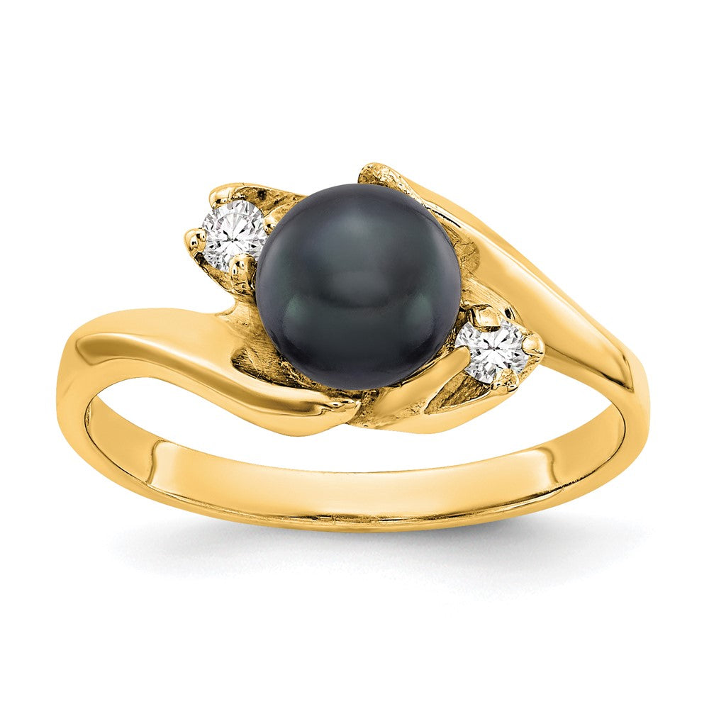14k 6mm Black Freshwater Cultured Pearl and 1/15 carat AA Diamond Ring, 0.082 ct