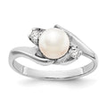 14k White Gold 6mm White Freshwater Cultured Pearl and 1/15 carat AA Diamond Ring, 0.082 ct