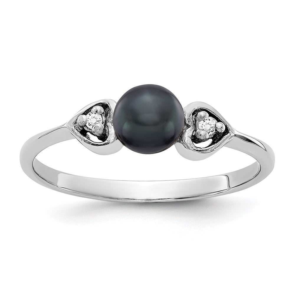 14k White Gold 4.5mm Black Freshwater Cultured Pearl and A Diamond Ring, 0.02 ct, Size 6