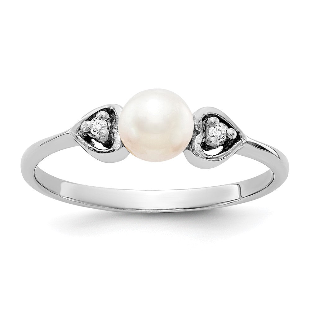 14k White Gold 4.5mm White Freshwater Cultured Pearl and AA Diamond Ring, 0.02 ct, Size 6