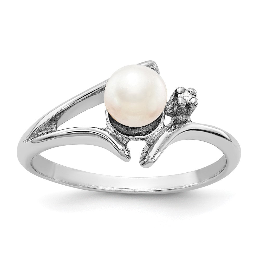 14k White Gold 5mm White Freshwater Cultured Pearl and AA Diamond Ring, 0.01 ct, Size 6