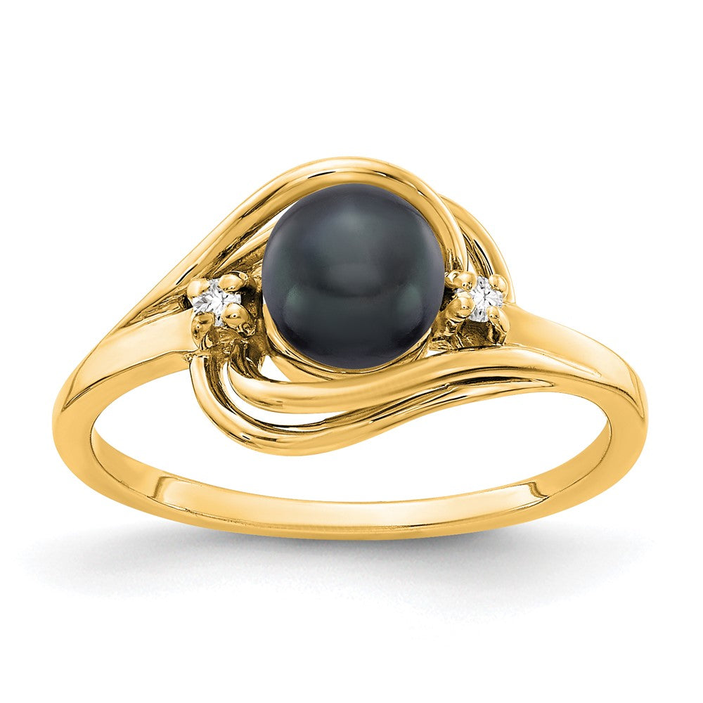 14k 5.5mm Black Freshwater Cultured Pearl and AA Diamond Ring, 0.03 ct, Size 6