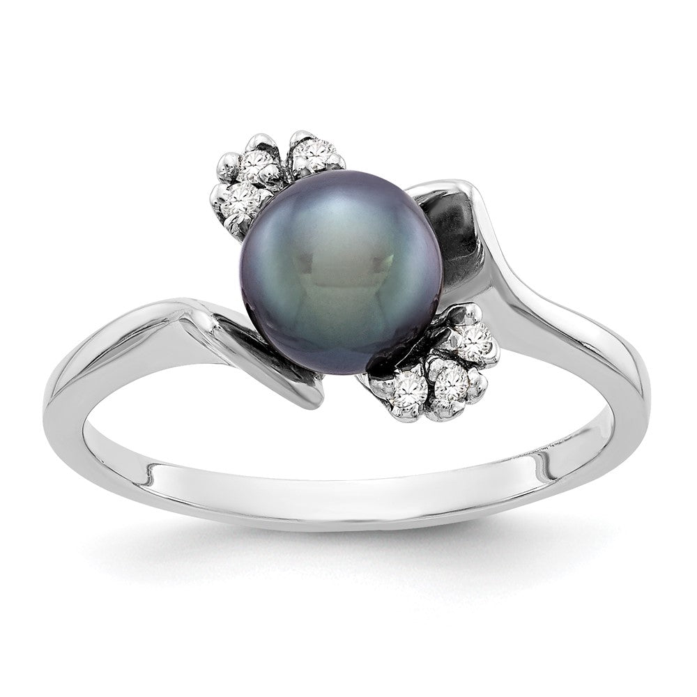 14k White Gold 6mm Black Freshwater Cultured Pearl and 1/15 carat A Diamond Ring, 0.06 ct