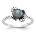 14k White Gold 6mm Black Freshwater Cultured Pearl and 1/15 carat AAA Diamond Ring, 0.06 ct