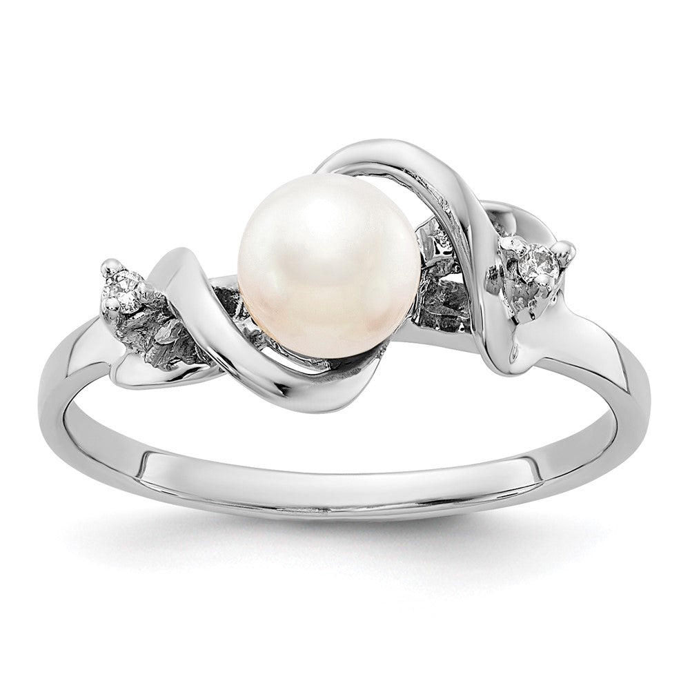 14k White Gold 5.5mm White Freshwater Cultured Pearl and AA Diamond Ring, 0.024 ct, Size 6
