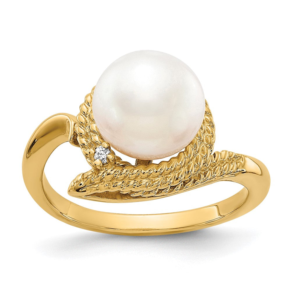 14k 8.5mm White Freshwater Cultured Pearl and VS Diamond Ring, 0.01 ct, Size 6