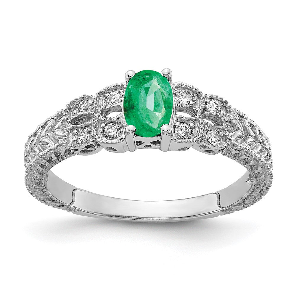 14k White Gold 6x4mm Oval Emerald and 1/10 carat AA Diamond Ring, 0.508 ct, Size 7
