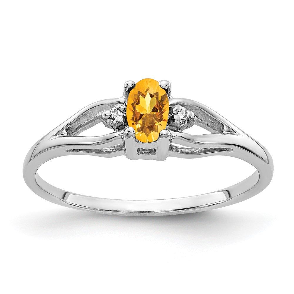 14k White Gold 5x3mm Oval Citrine and AAA Diamond Ring, 0.22 ct, Size 6