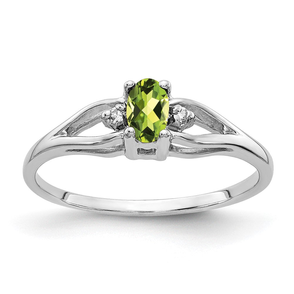 14k White Gold 5x3mm Oval Peridot and AA Diamond Ring, 0.27 ct, Size 6