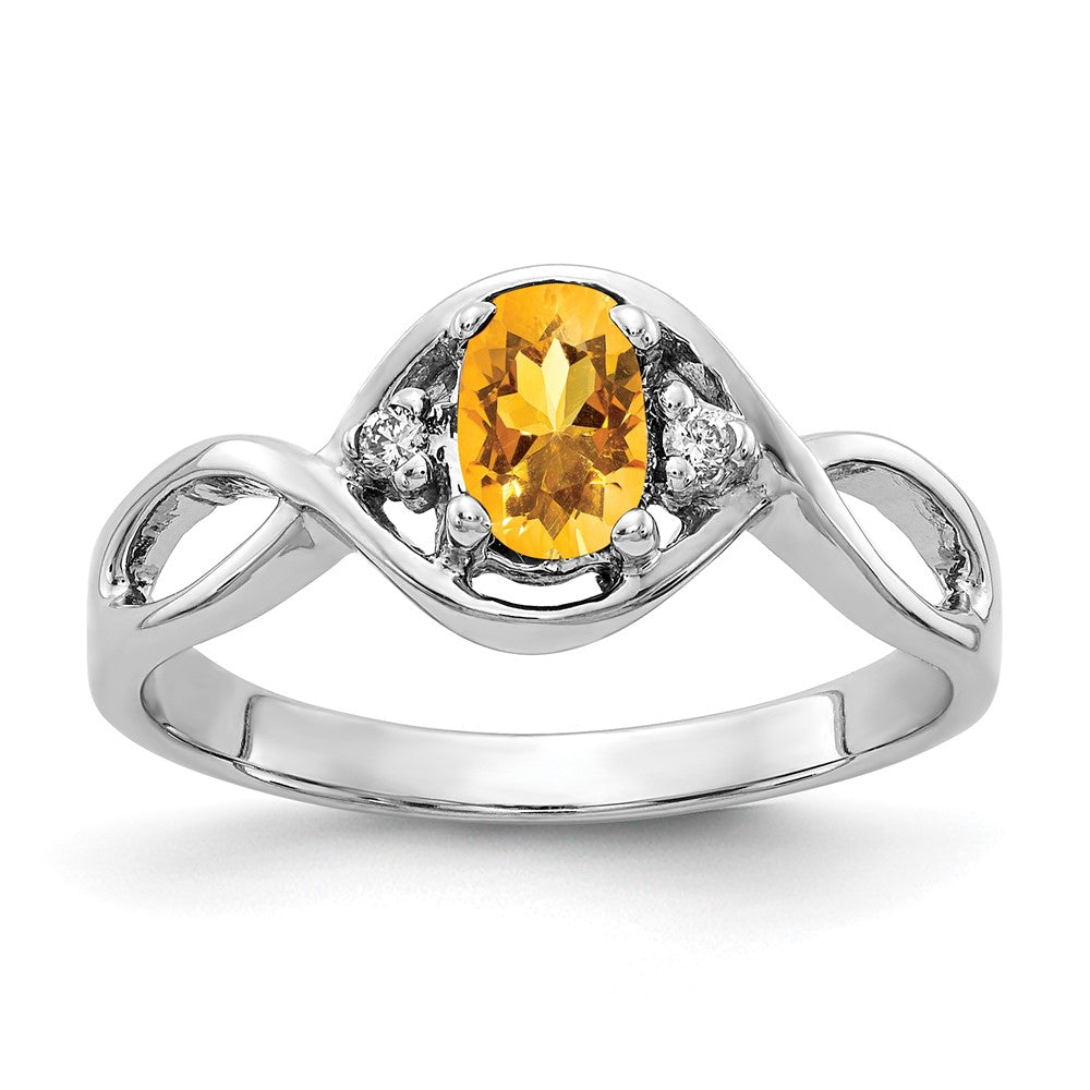 14k White Gold 6x4mm Oval Citrine and AA Diamond Ring, 0.424 ct