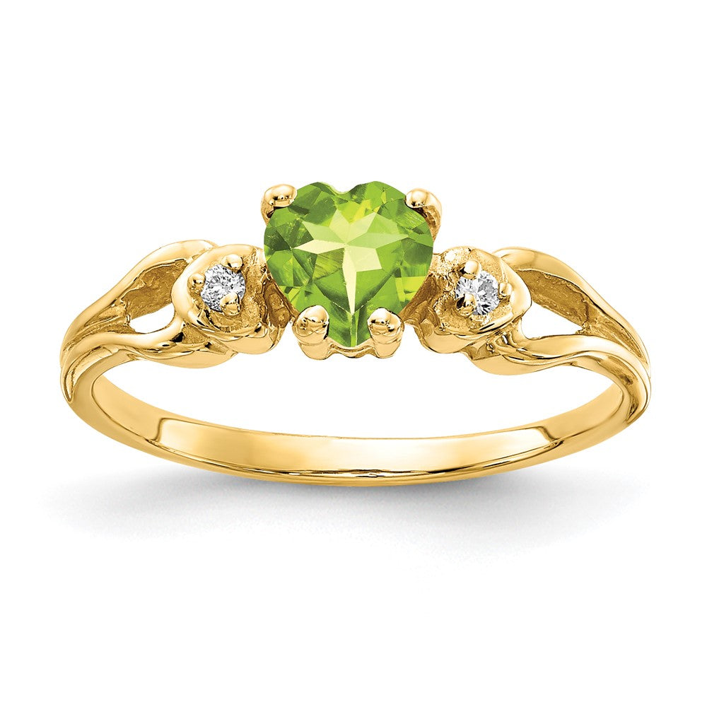 14k 5mm Heart Peridot and AA Diamond Ring, 0.5 ct, Size 6