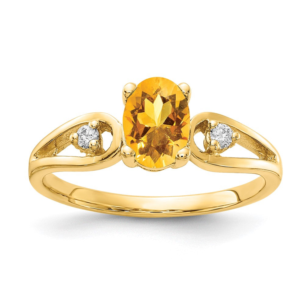 14k 7x5mm Oval Citrine and1/20 carat AA Diamond Ring, 0.85 ct, Size 6