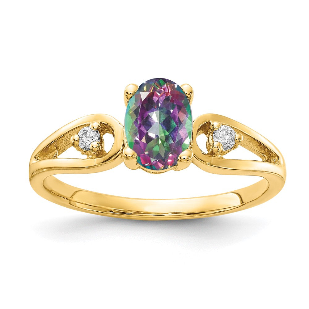 14k 7x5mm Oval Mystic Fire Topaz and1/20 carat AA Diamond Ring, 1.05 ct, Size 6