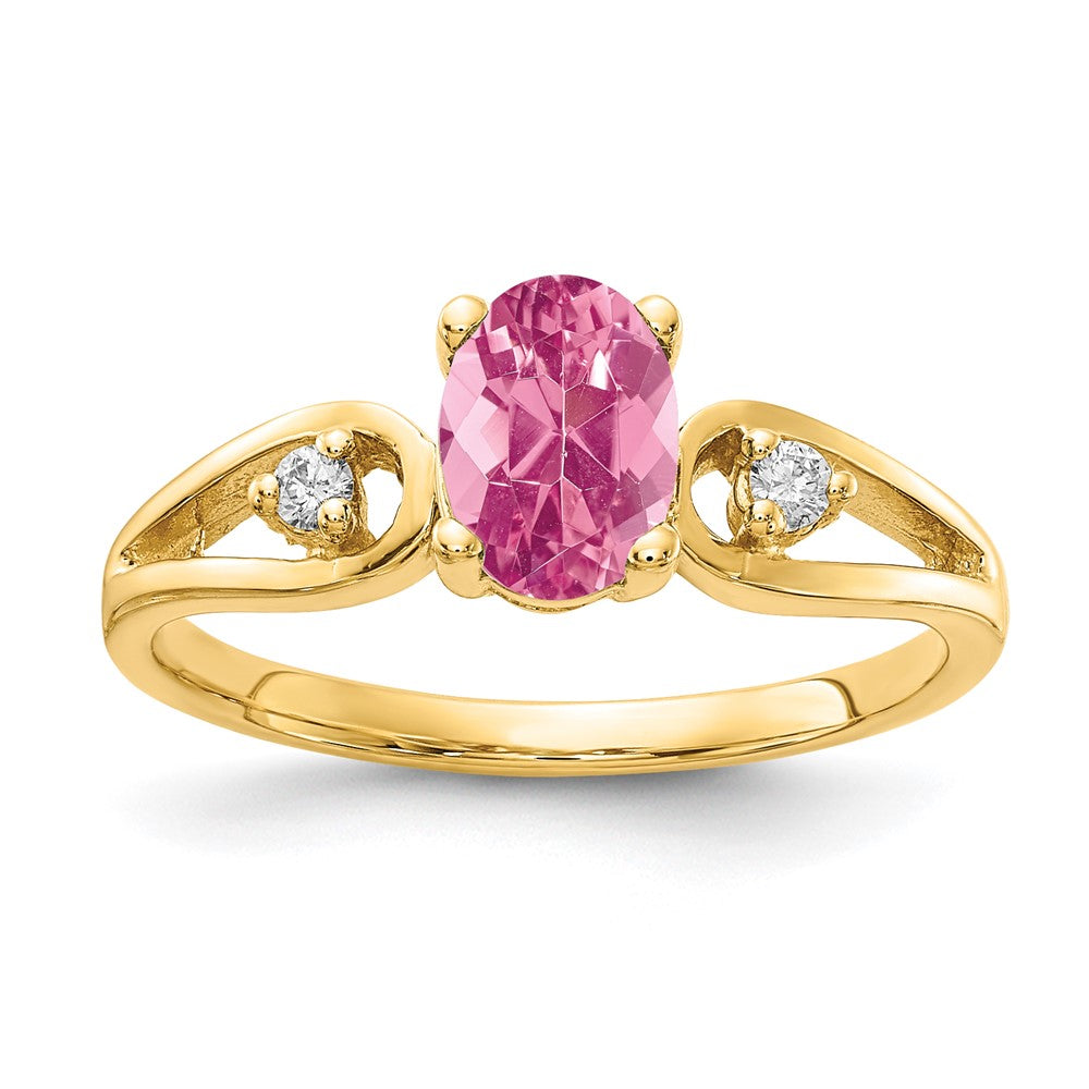 14k 7x5mm Oval Pink Tourmaline and 1/20 carat AA Diamond Ring, 0.75 ct, Size 6