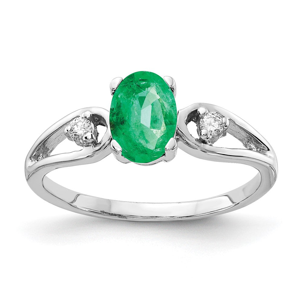14k White Gold 7x5mm Oval Emerald and 1/20 carat AA Diamond Ring, 0.83 ct, Size 6