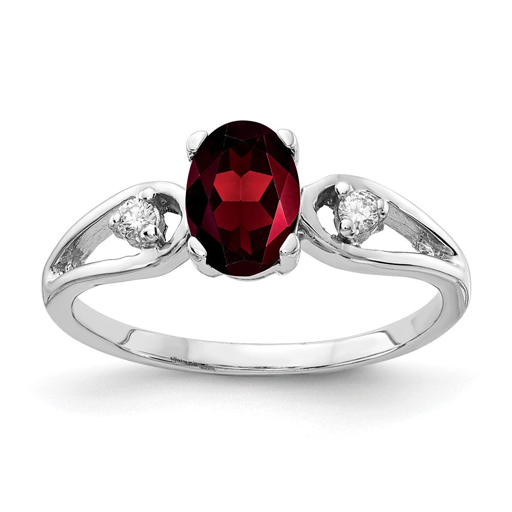 14k White Gold 7x5mm Oval Garnet and 1/20 carat AA Diamond Ring, 1.05 ct, Size 6