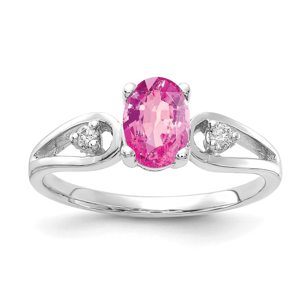 14k White Gold 7x5mm Oval Pink Sapphire and 1/20 carat AA Diamond Ring, 1.16 ct, Size 6