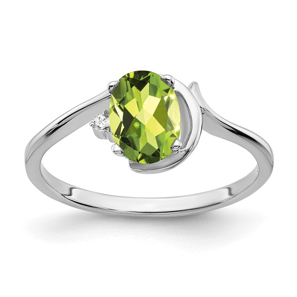 14k White Gold 7x5mm Oval Peridot and AA Diamond Ring, 0.86 ct, Size 6