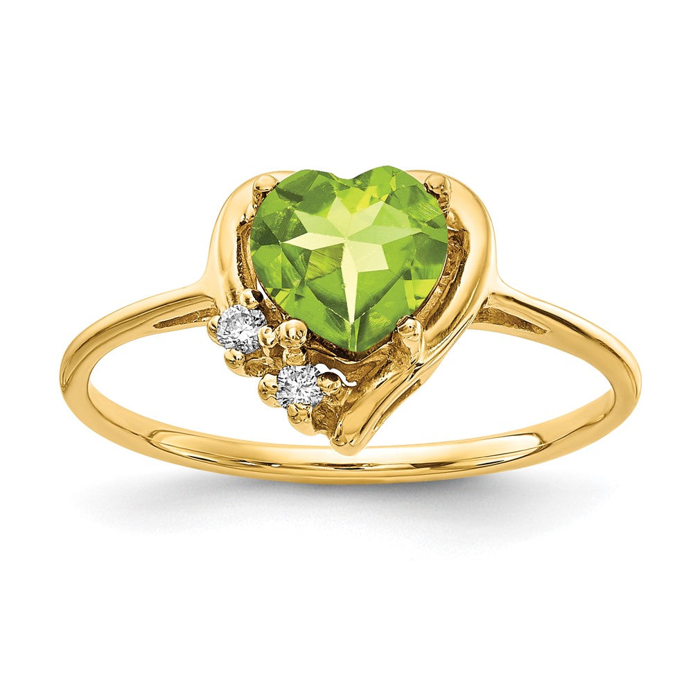 14k 6mm Heart Peridot and AA Diamond Ring, 0.83 ct