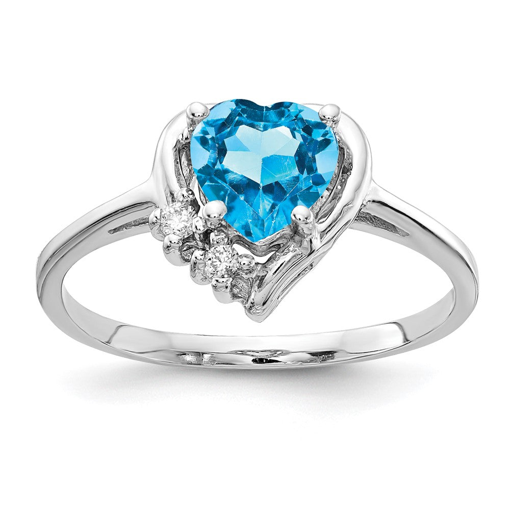 14k White Gold 6mm Heart Blue Topaz and AAA Diamond Ring, 1.08 ct, 1.72 g