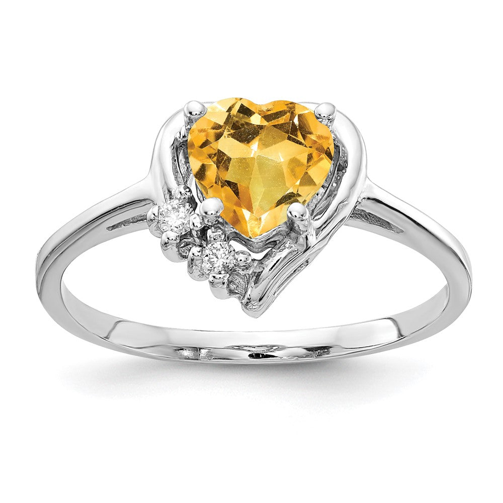 14k White Gold 6mm Heart Citrine and AA Diamond Ring, 0.83 ct