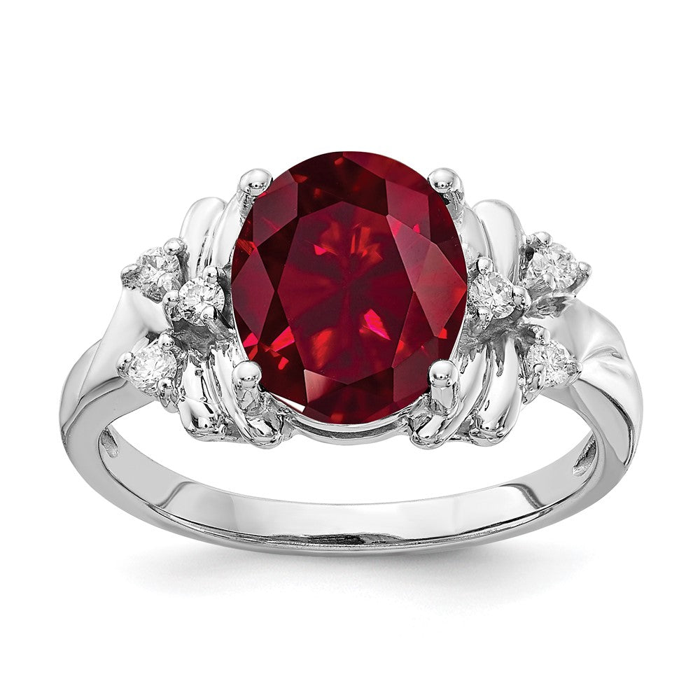 14k White Gold 10x8mm Oval Lab-Created Ruby and 1/10 carat VS Diamond Ring, 0.102 ct, Size 6