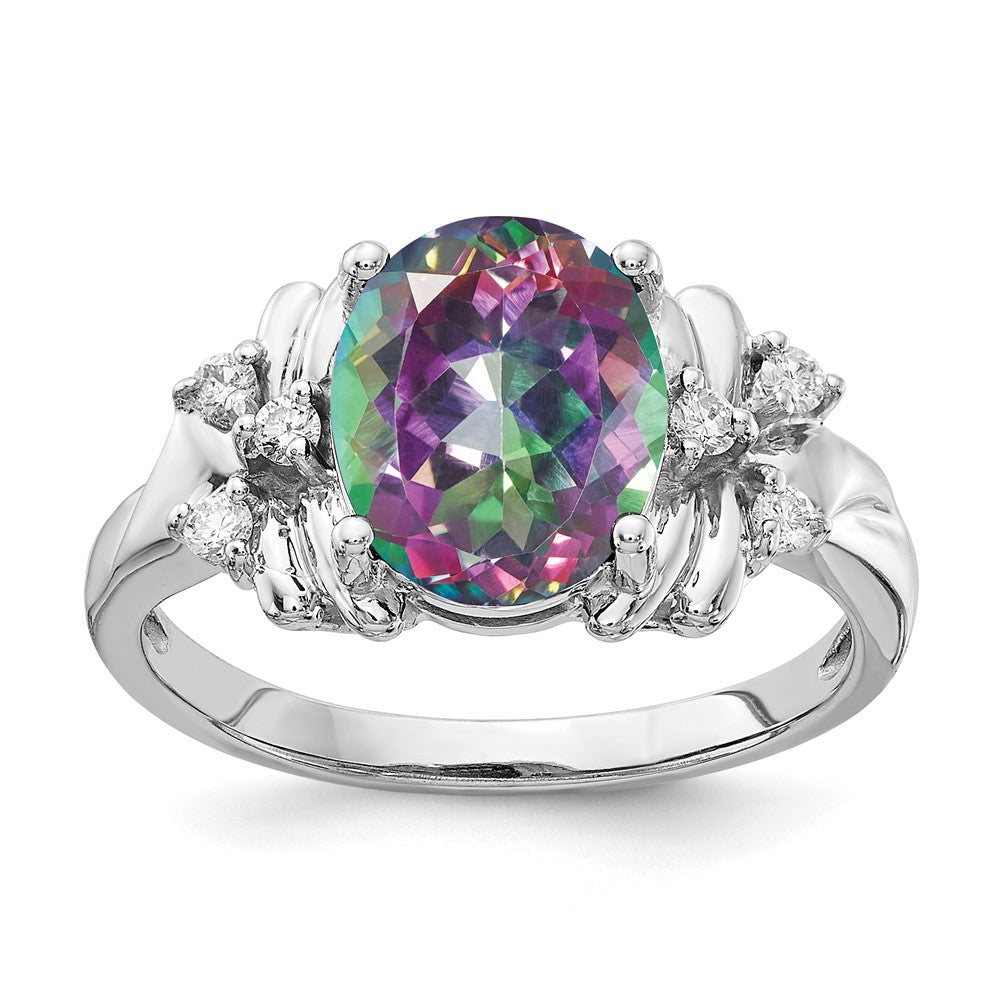 14k White Gold 10x8mm Oval Mystic Fire Topaz and 1/10 carat AA Diamond Ring, 3.702 ct, Size 6