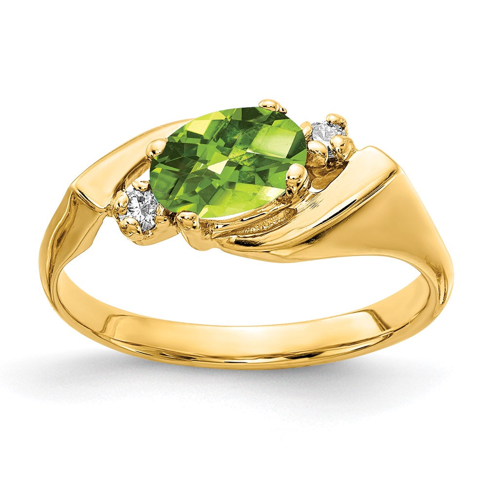14k 7x5mm Oval Peridot Checker-cut and 1/20 carat A Diamond Ring, 1.056 ct, Size 6
