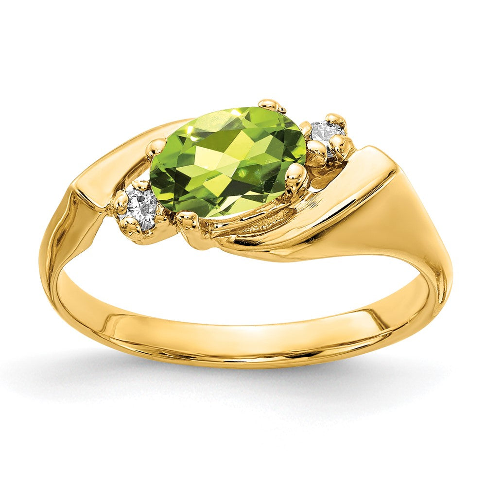 14k 7x5mm Oval Peridot Checker-cut and 1/20 carat VS Diamond Ring, 1.056 ct, Size 6