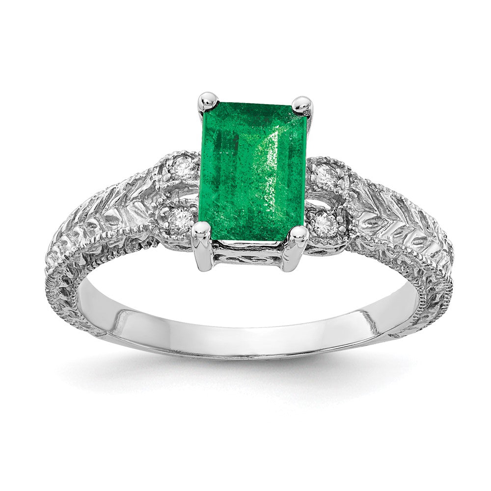 14k White Gold 7x5mm Emerald-cut Emerald and 1/20 carat AAA Diamond Ring, 1.04 ct, Size 6