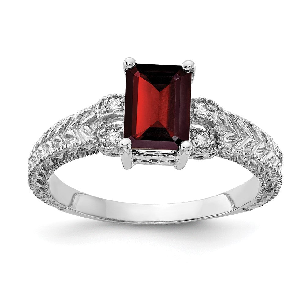14k White Gold 7x5mm Emerald-cut Garnet and 1/20 carat A Diamond Ring, 1.29 ct, Size 6