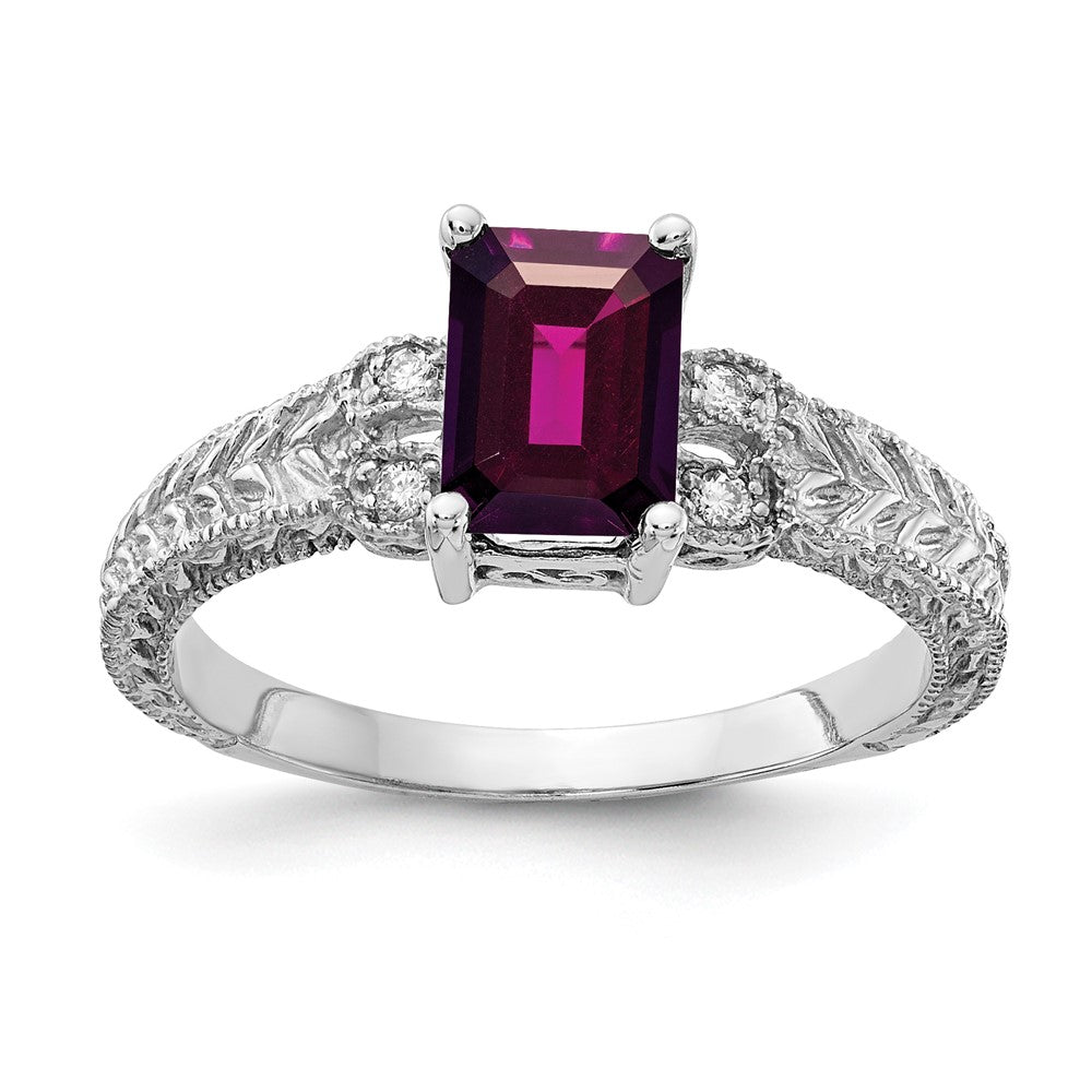 14k White Gold 7x5mm Emerald-cut Rhodolite Garnet and 1/20 carat AA Diamond Ring, 1.28 ct, Size 6