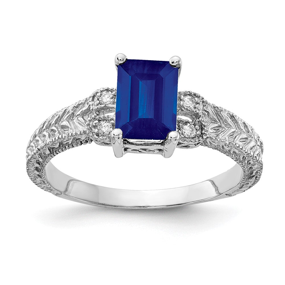 14k White Gold 7x5mm Emerald-cut Blue Sapphire and 1/20 carat AA Diamond Ring, 1.24 ct, Size 6, 2 g