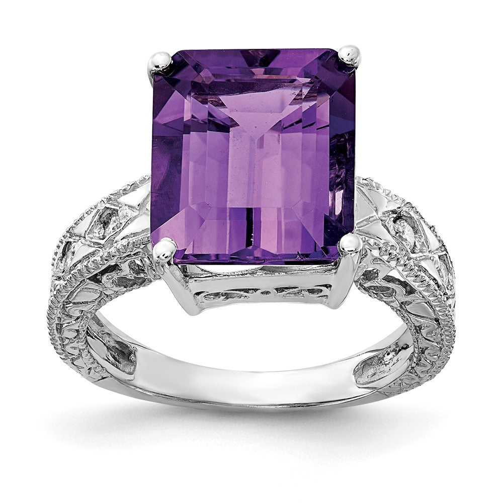 14k White Gold 12x10mm Emerald-cut Amethyst and 1/15 carat VS Diamond Ring, 5.168 ct, Size 6