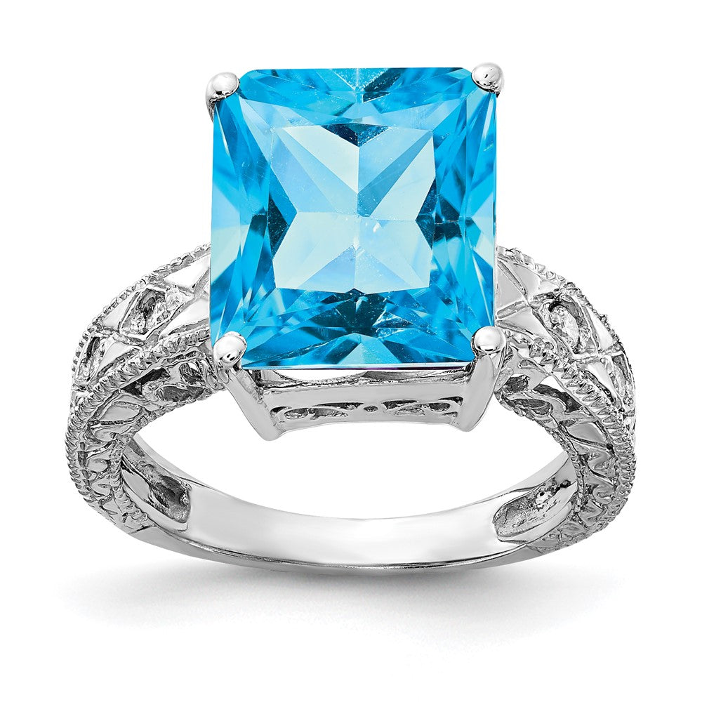 14k White Gold 12x10mm Emerald-cut Blue Topaz and 1/15 carat A Diamond Ring, 7.568 ct, Size 6