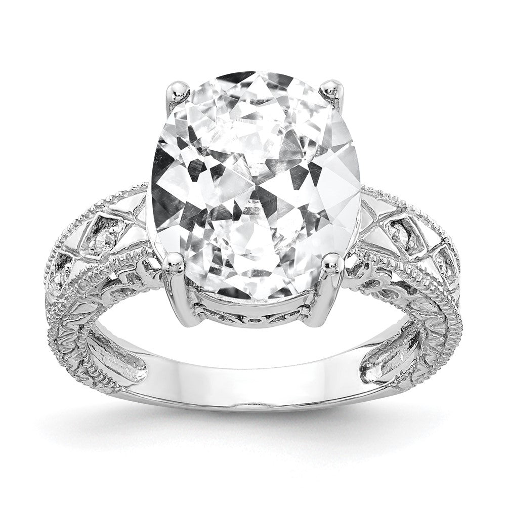 14k White Gold 12x10mm Oval Cubic Zirconia and 1/20 carat AA Diamond ring, 0.04 ct, Size 6