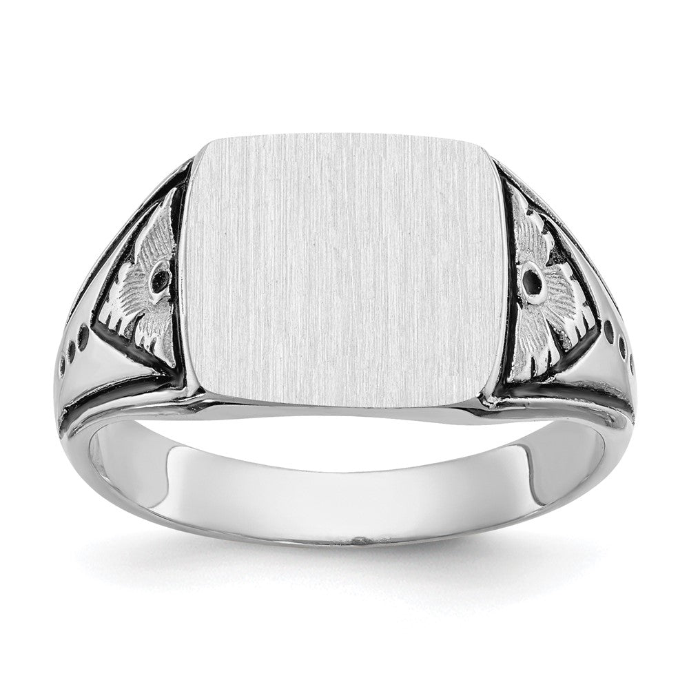 14k White Gold 11.5x11.0mm Rectangle Closed Back Antiqued Mens Signet Ring, Size 9