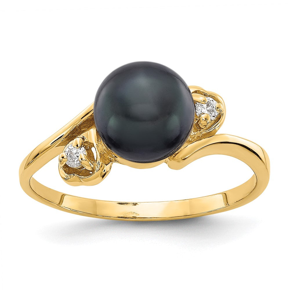 14k 7mm Black Freshwater Cultured Pearl and 1/20 carat A Diamond Ring, 0.04 ct, Size 6