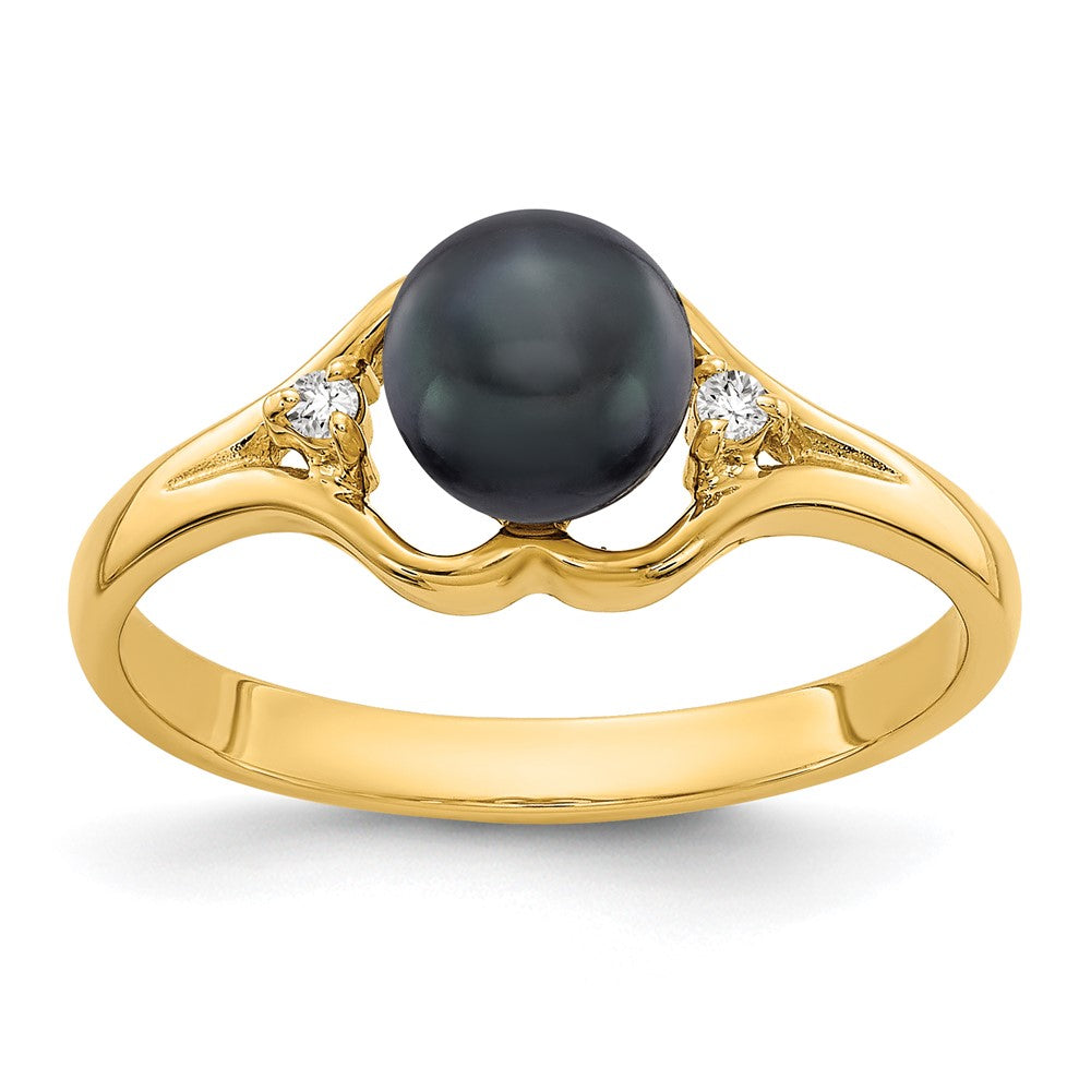 14k 6mm Black Freshwater Cultured Pearl and A Diamond Ring, 0.024 ct