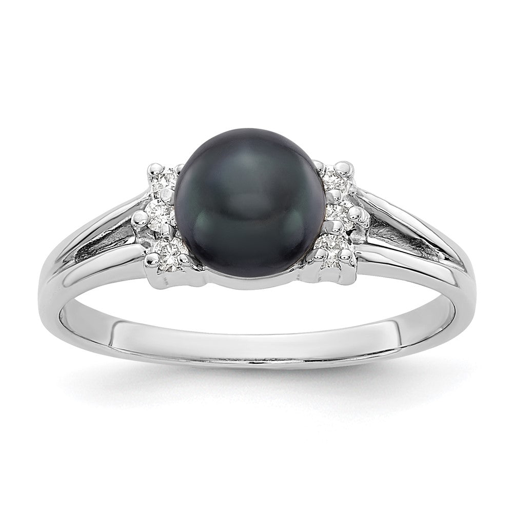 14k White Gold 6mm Black Freshwater Cultured Pearl and 1/15 carat VS Diamond Ring, 0.072 ct