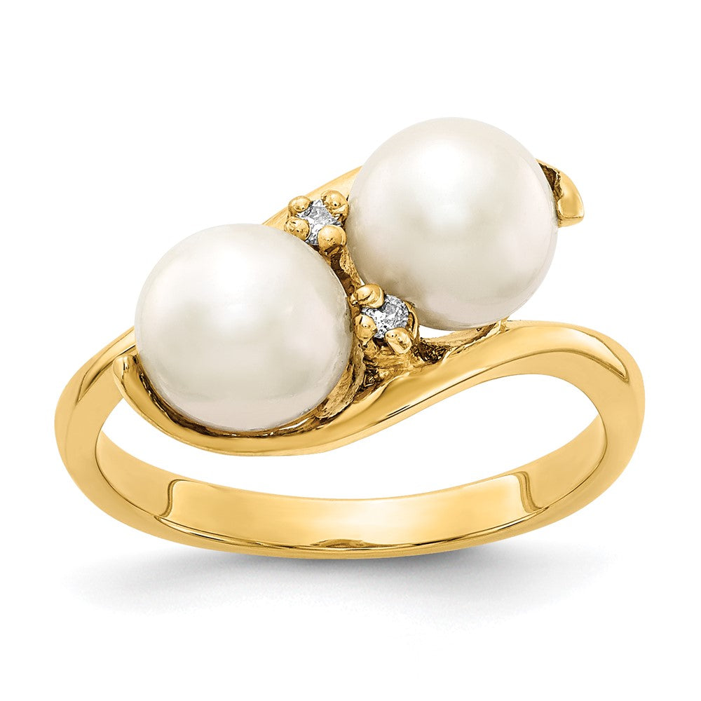 14k 6mm Black Freshwater Cultured Two-Pearl and A Diamond Ring, 0.024 ct, Size 5