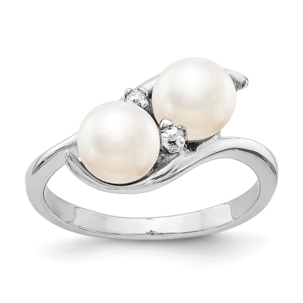 14k White Gold 6mm White Freshwater Cultured Two-Pearl and A Diamond Ring, 0.024 ct