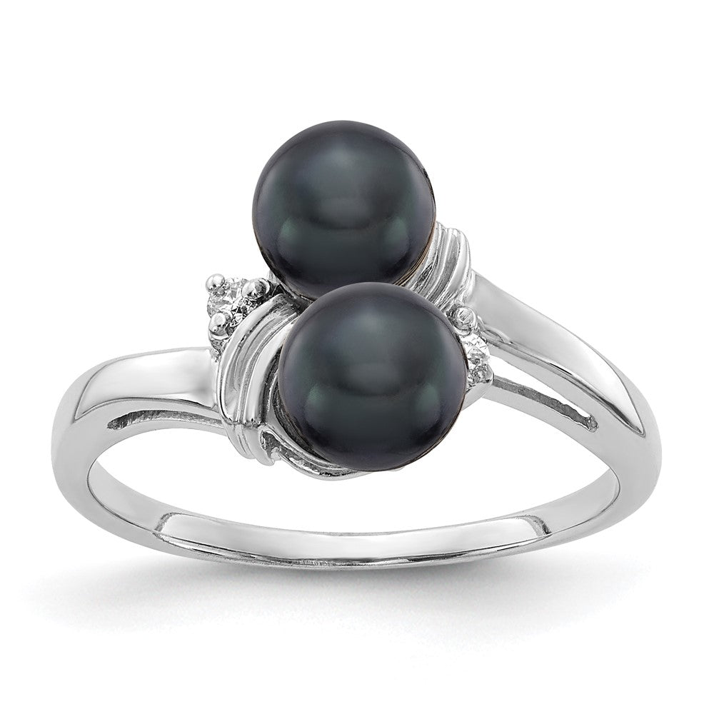 14k White Gold 5.5mm Black Freshwater Cultured Two-Pearl and AAA Diamond Ring, 0.034 ct, Size 6