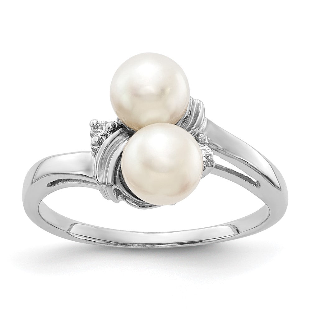 14k White Gold 5.5mm White Freshwater Cultured Two-Pearl and AAA Diamond Ring, 0.034 ct, Size 6